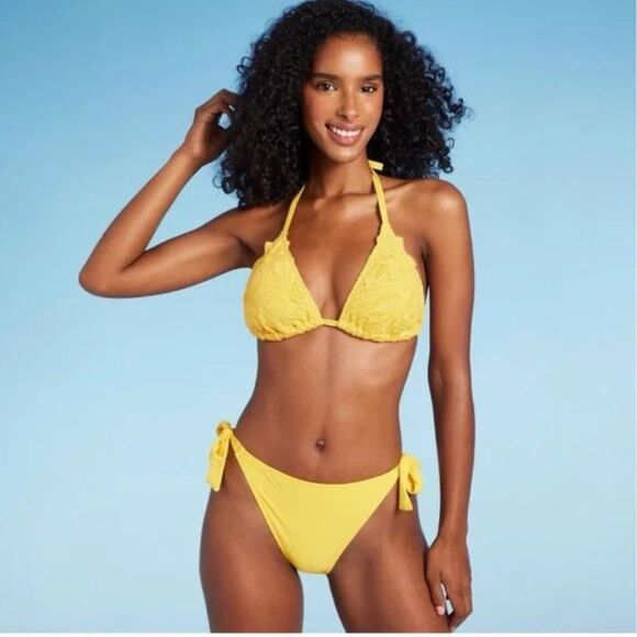 * NWT Shade & Shore Medium (8-10) Yellow Crochet Bikini Triangle Swim Top - Picture 3 of 9